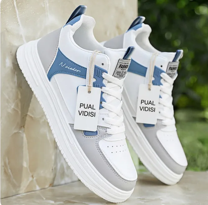 Mens White Grey Durable Blue Color Block Low Top Sneakers_voghion.com