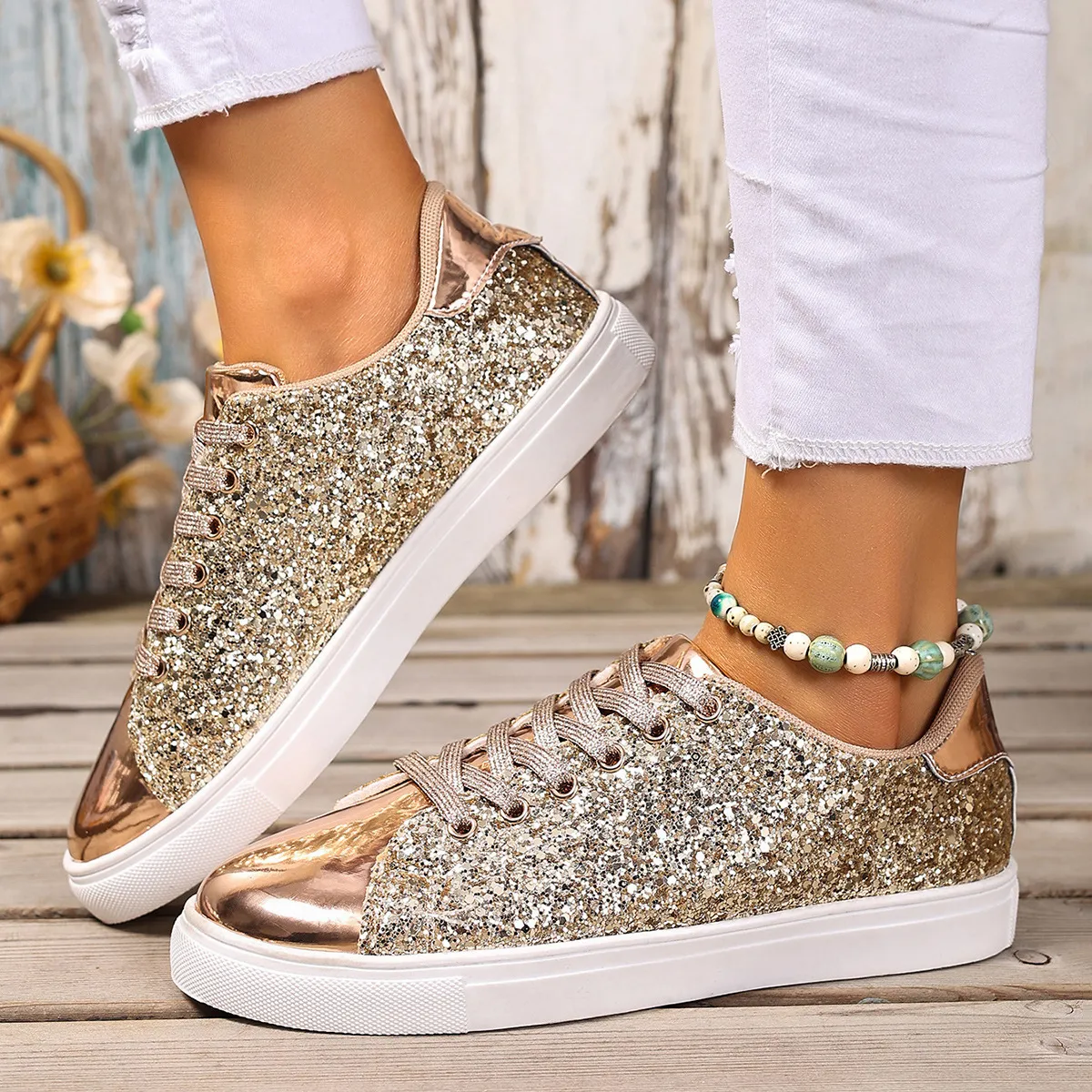 Womens Rose Gold Glitter Low Top Sneakers With Metallic Toe Cap Daily Outfit_voghion.com