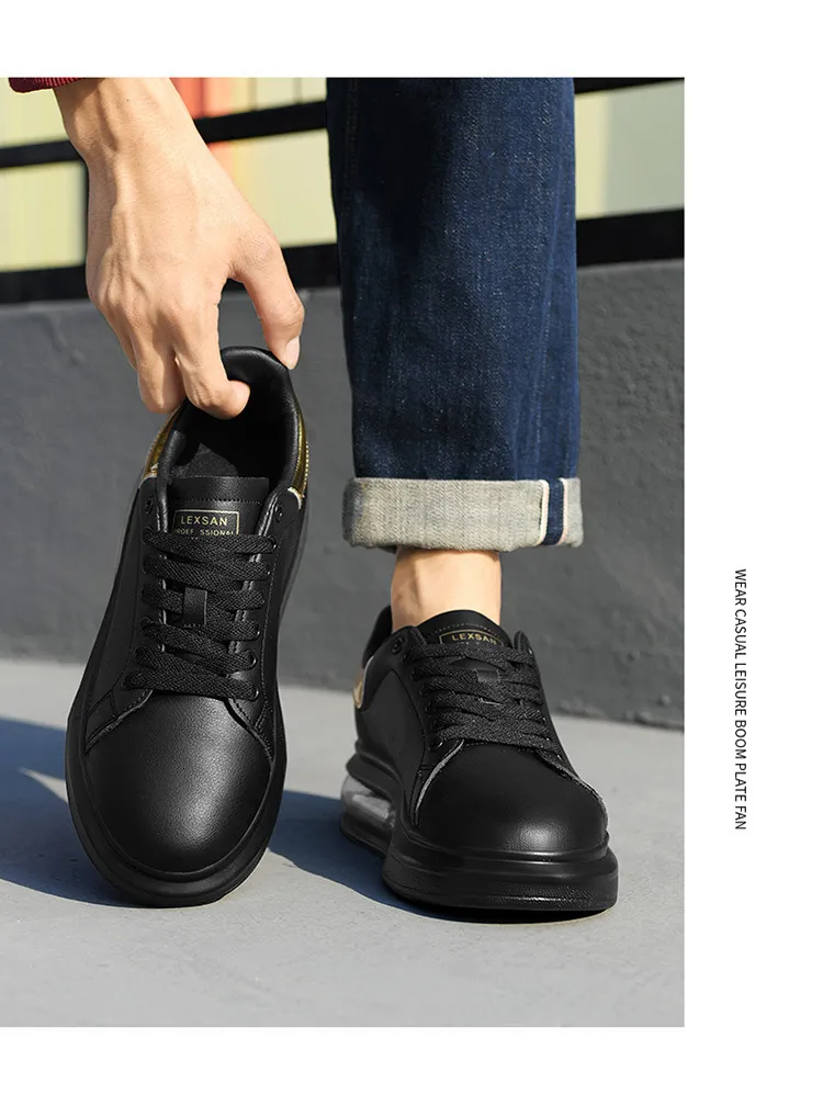 Schwarze Herren-Freizeitschuhe mit goldenem Absatz, strapazierfähigem Logo und luftgepolsterter Sohle_voghion.com