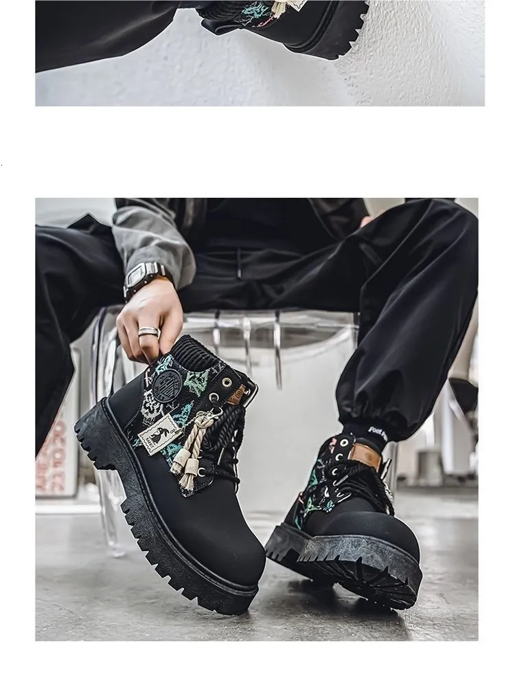 Botas de combate com plataforma pretas bordado colorido_voghion.com