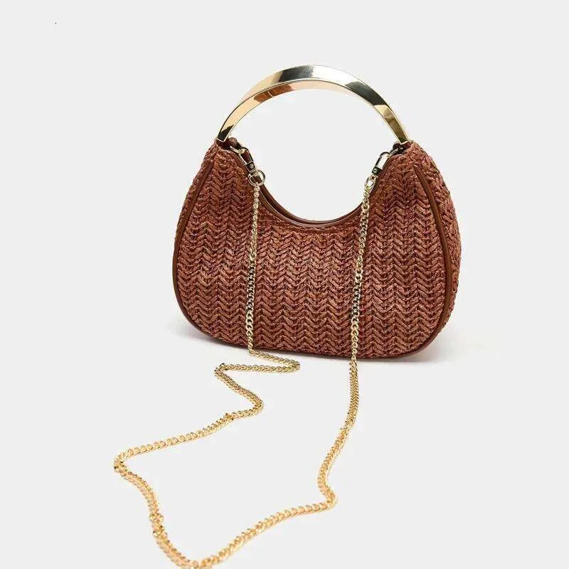 Borsa a mezzaluna piccola da spiaggia per donna, borsa a mano di lusso firmata, nuova in Papyrus, manico in metallo lavorato a maglia, tracolla a catena_voghion.com