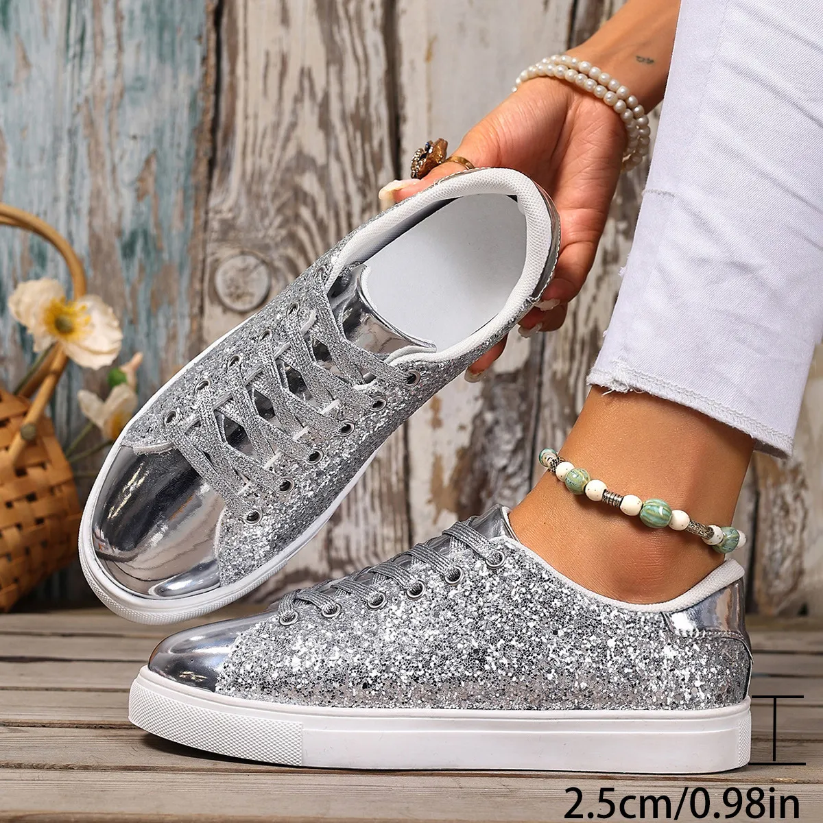Rose Gold Glitter Women's Trainers With Metallic Toe Cap Detail_voghion.com