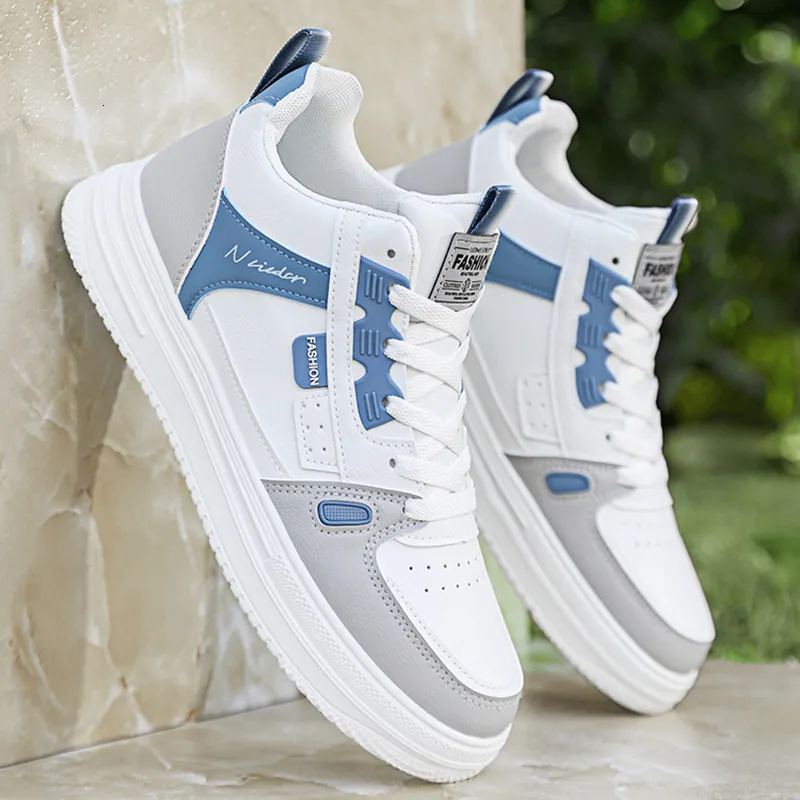 Men's White And Grey Durable Blue Colour Block Low Top Sneakers_voghion.com