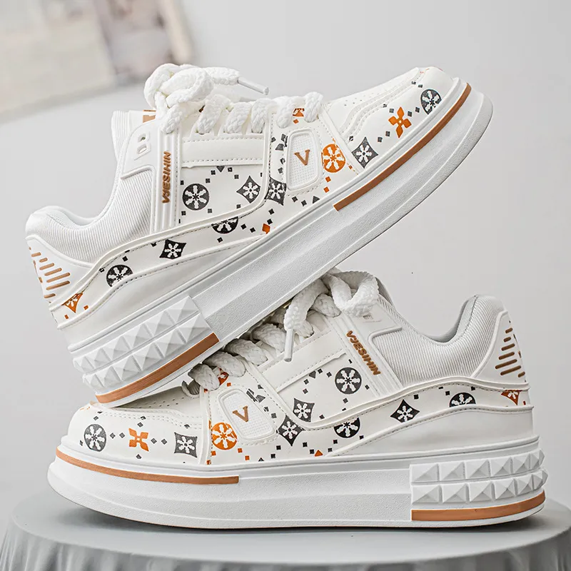 Mens Retro Durable Green Skate Shoes With Brown Trim And Allover Print_voghion.com