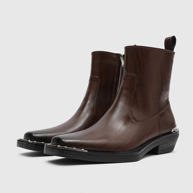Durable Men Black Leather Ankle Boots With Metal Toe Cap And Cuban Heel_voghion.com