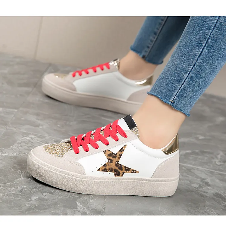 Womens Casual Leather Running Trainers With Silver Glitter Star_voghion.com