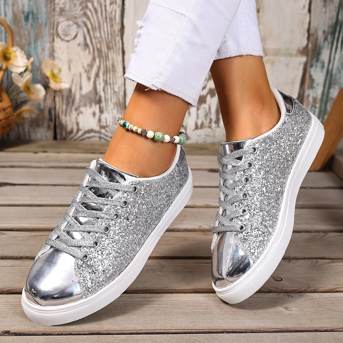 Womens Rose Gold Glitter Low Top Sneakers With Metallic Toe Cap Daily Outfit_voghion.com