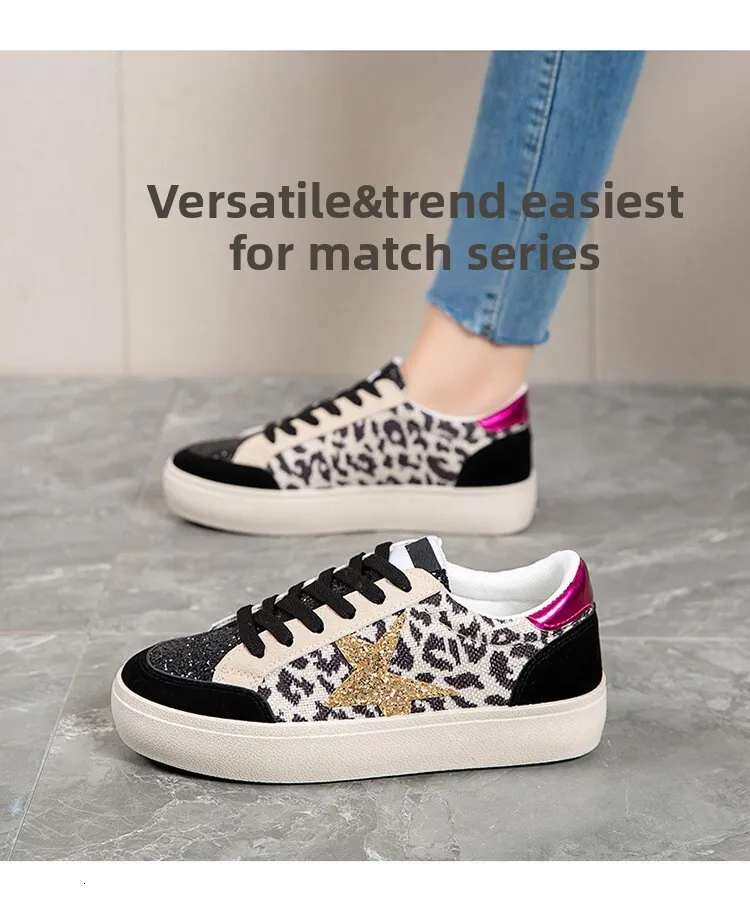 Womens Casual Leather Running Trainers With Silver Glitter Star_voghion.com