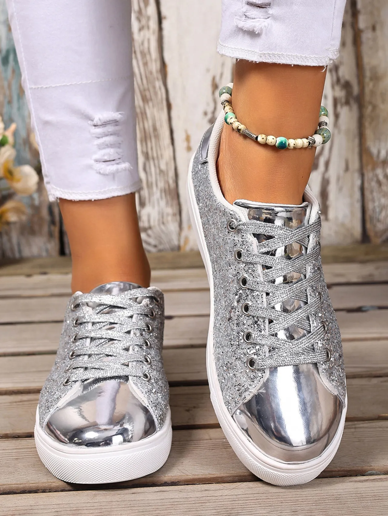 Rose Gold Glitter Women's Trainers With Metallic Toe Cap Detail_voghion.com