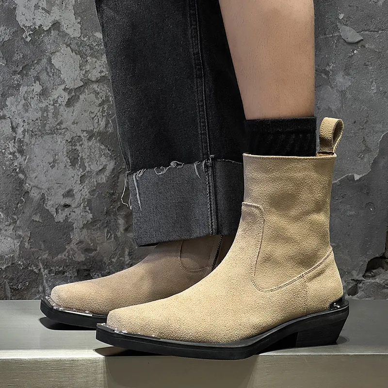 Durable Men Black Leather Ankle Boots With Metal Toe Cap And Cuban Heel_voghion.com