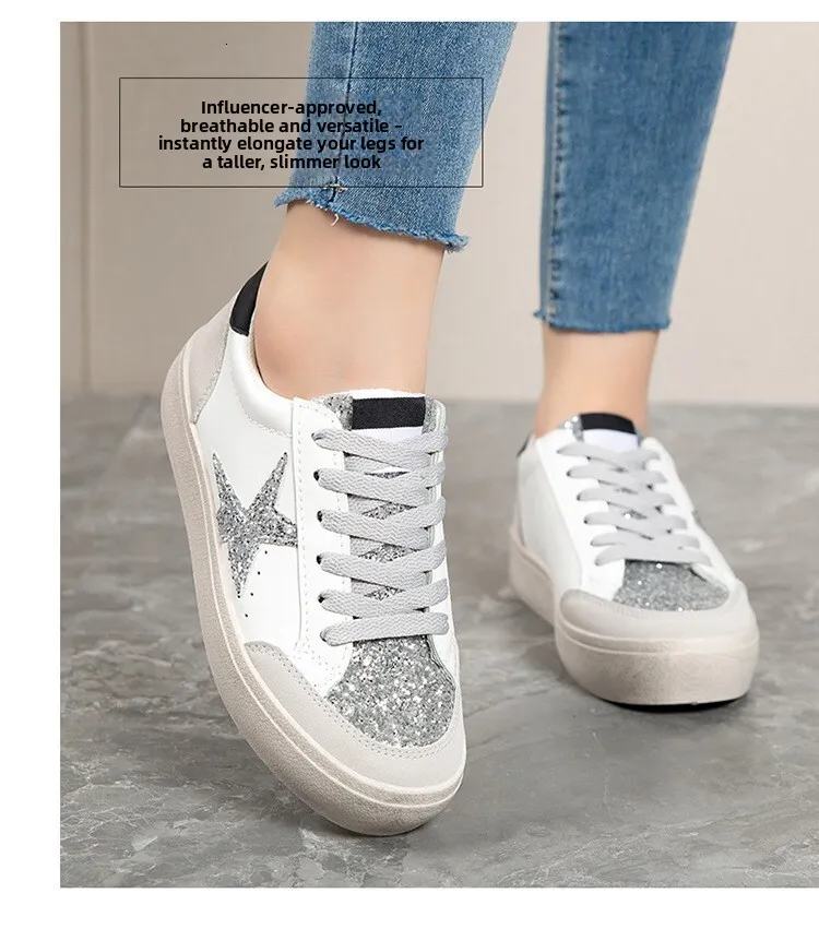 Womens Casual Leather Running Trainers With Silver Glitter Star_voghion.com