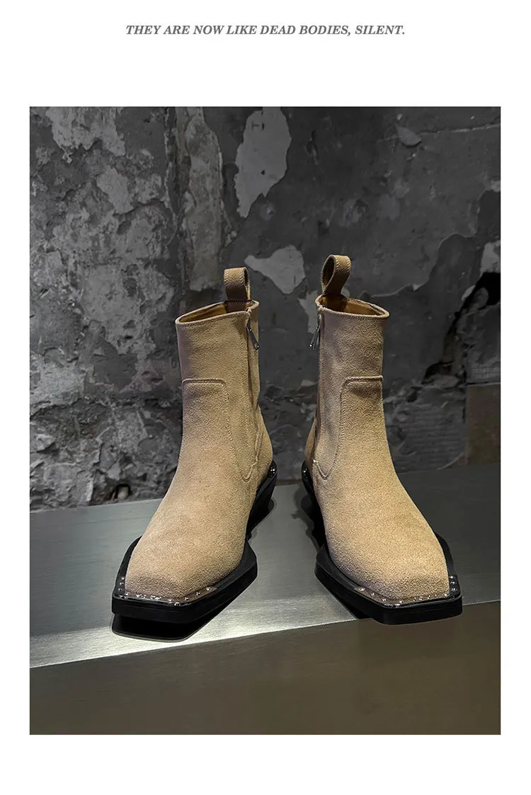 Durable Black Leather Men Ankle Boots With Metal Toe And Cuban Heel_voghion.com