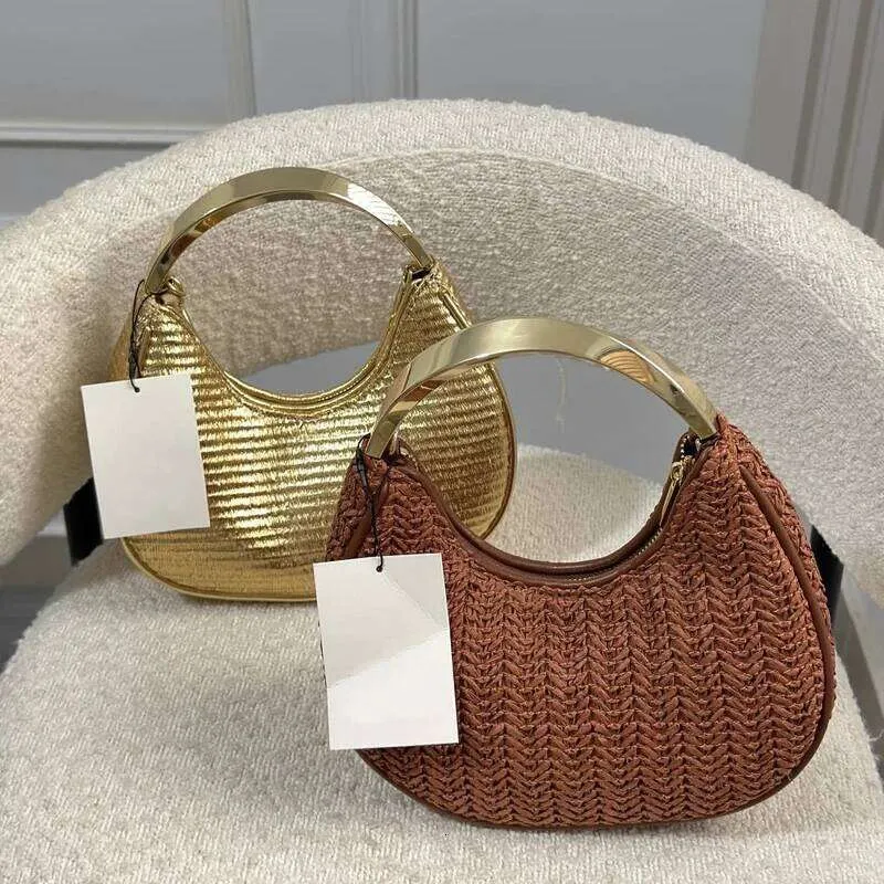 Borsa a mezzaluna piccola da spiaggia per donna, borsa a mano di lusso firmata, nuova in Papyrus, manico in metallo lavorato a maglia, tracolla a catena_voghion.com