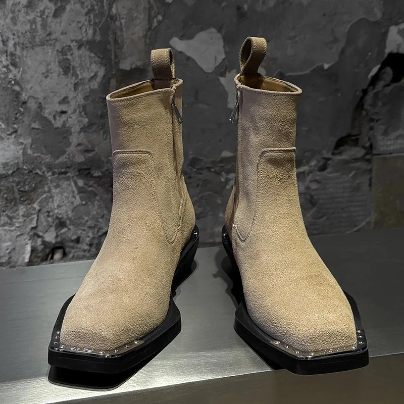 Durable Men Black Leather Ankle Boots With Metal Toe Cap And Cuban Heel_voghion.com