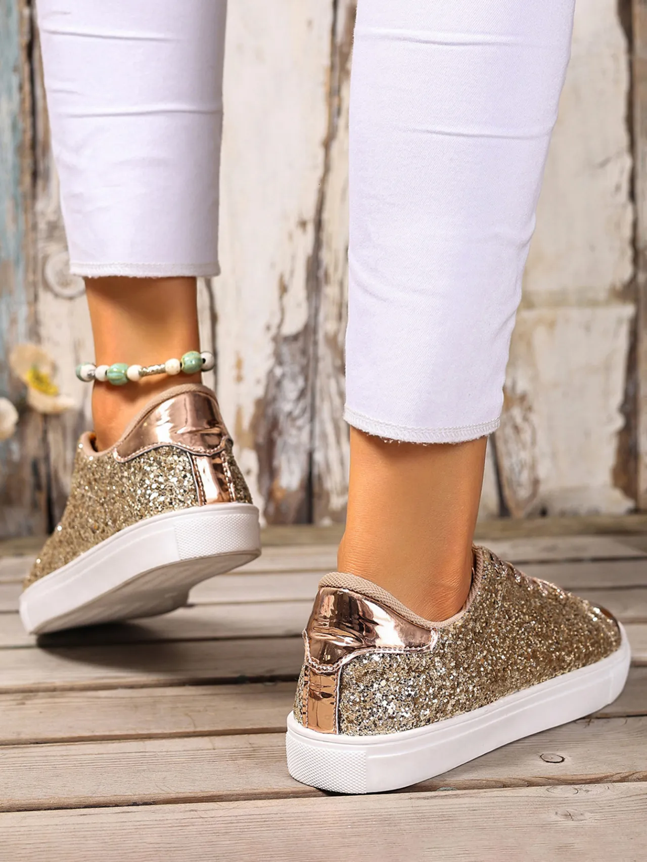 Rose Gold Glitter Women's Trainers With Metallic Toe Cap Detail_voghion.com