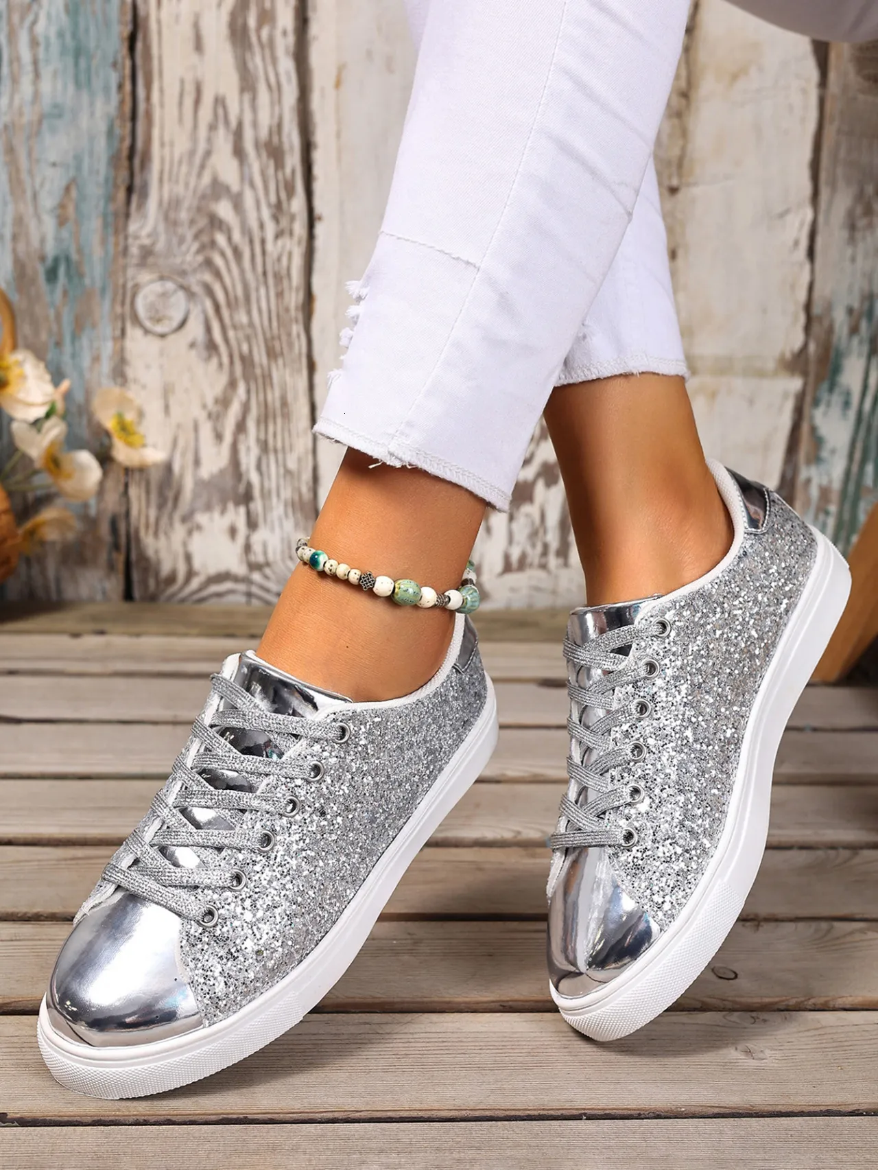 Rose Gold Glitter Women's Trainers With Metallic Toe Cap Detail_voghion.com