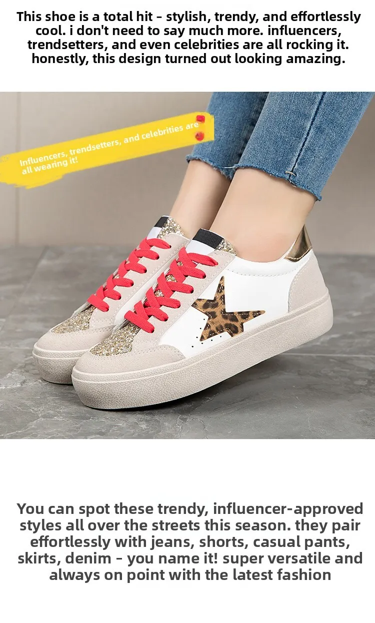 Womens Casual Leather Running Trainers With Silver Glitter Star_voghion.com