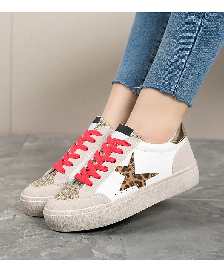 Womens Casual Leather Running Trainers With Silver Glitter Star_voghion.com