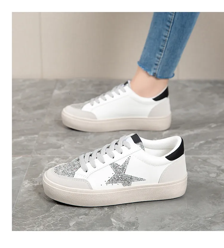 Womens Casual Leather Running Trainers With Silver Glitter Star_voghion.com