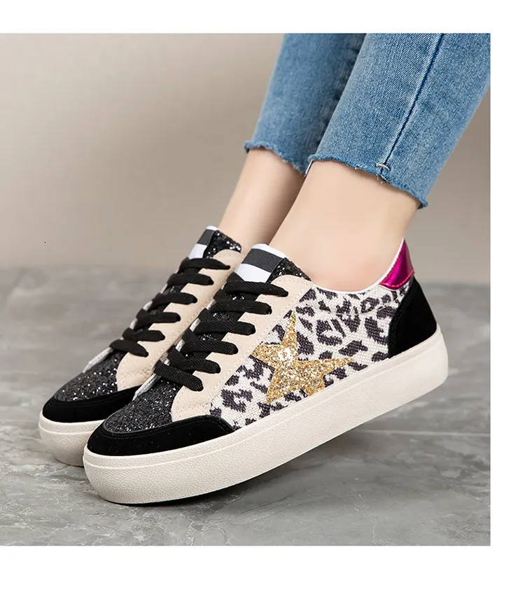 Womens Casual Leather Running Trainers With Silver Glitter Star_voghion.com