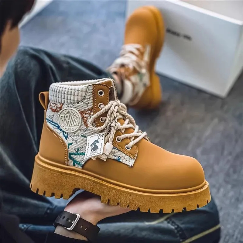 Botas de combate masculinas pretas com plataforma, bordados coloridos duráveis e franjas._voghion.com