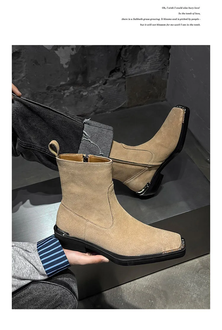 Durable Black Leather Men Ankle Boots With Metal Toe And Cuban Heel_voghion.com