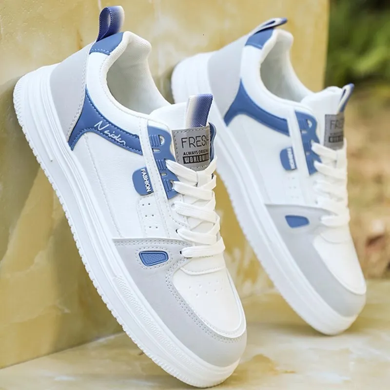Mens White Grey Durable Blue Color Block Low Top Sneakers_voghion.com