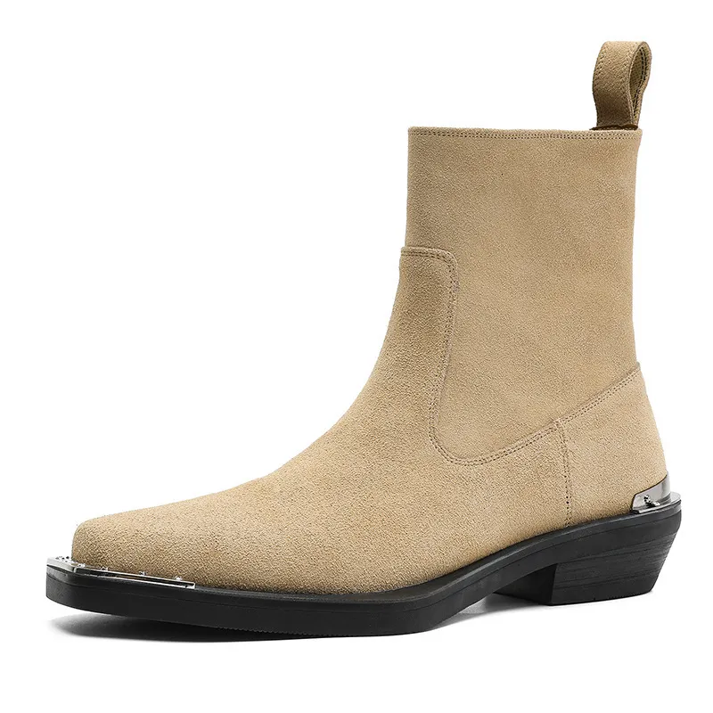 Durable Men Black Leather Ankle Boots With Metal Toe Cap And Cuban Heel_voghion.com