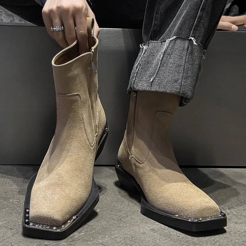 Durable Men Black Leather Ankle Boots With Metal Toe Cap And Cuban Heel_voghion.com