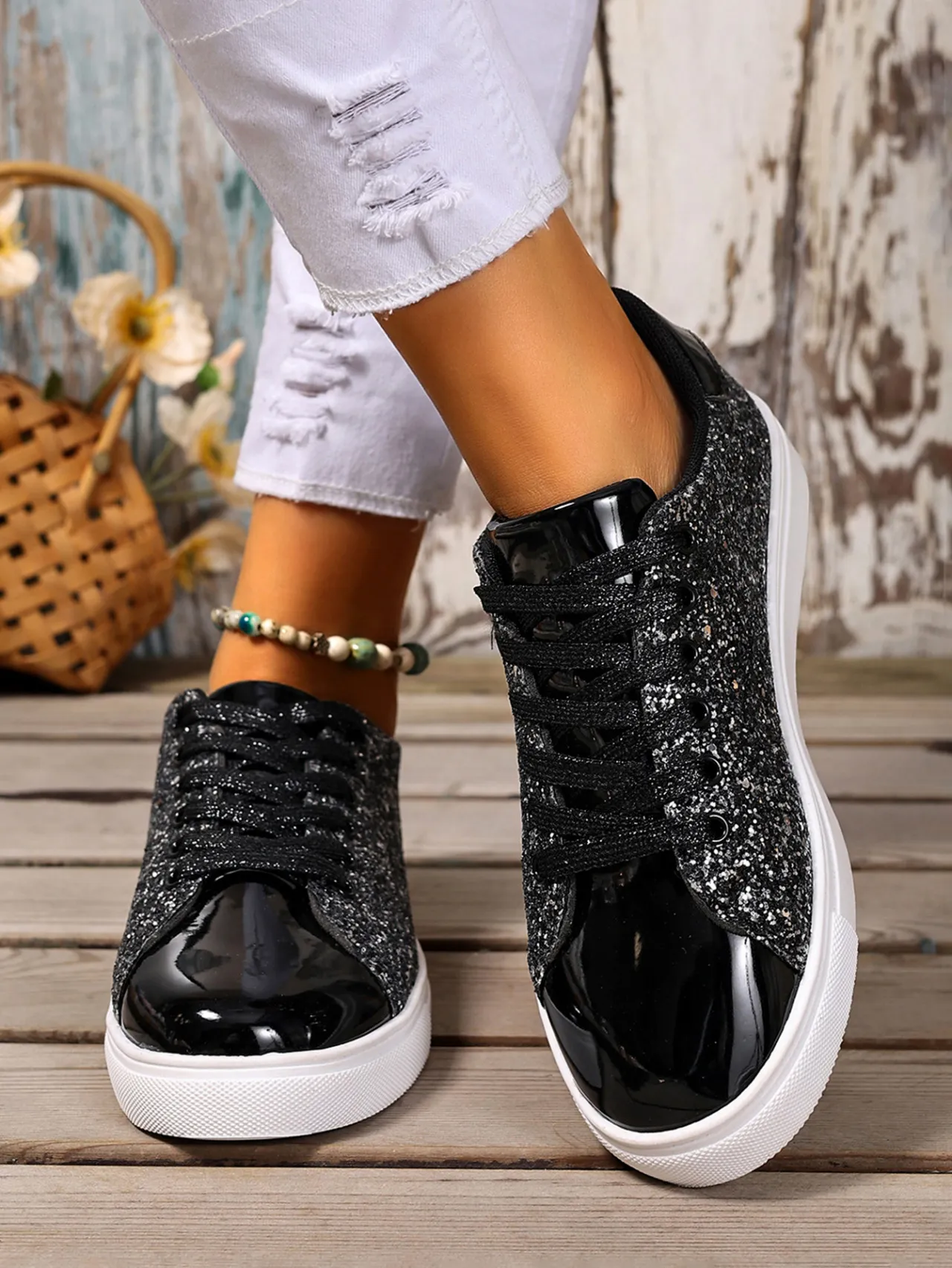 Rose Gold Glitter Women's Trainers With Metallic Toe Cap Detail_voghion.com