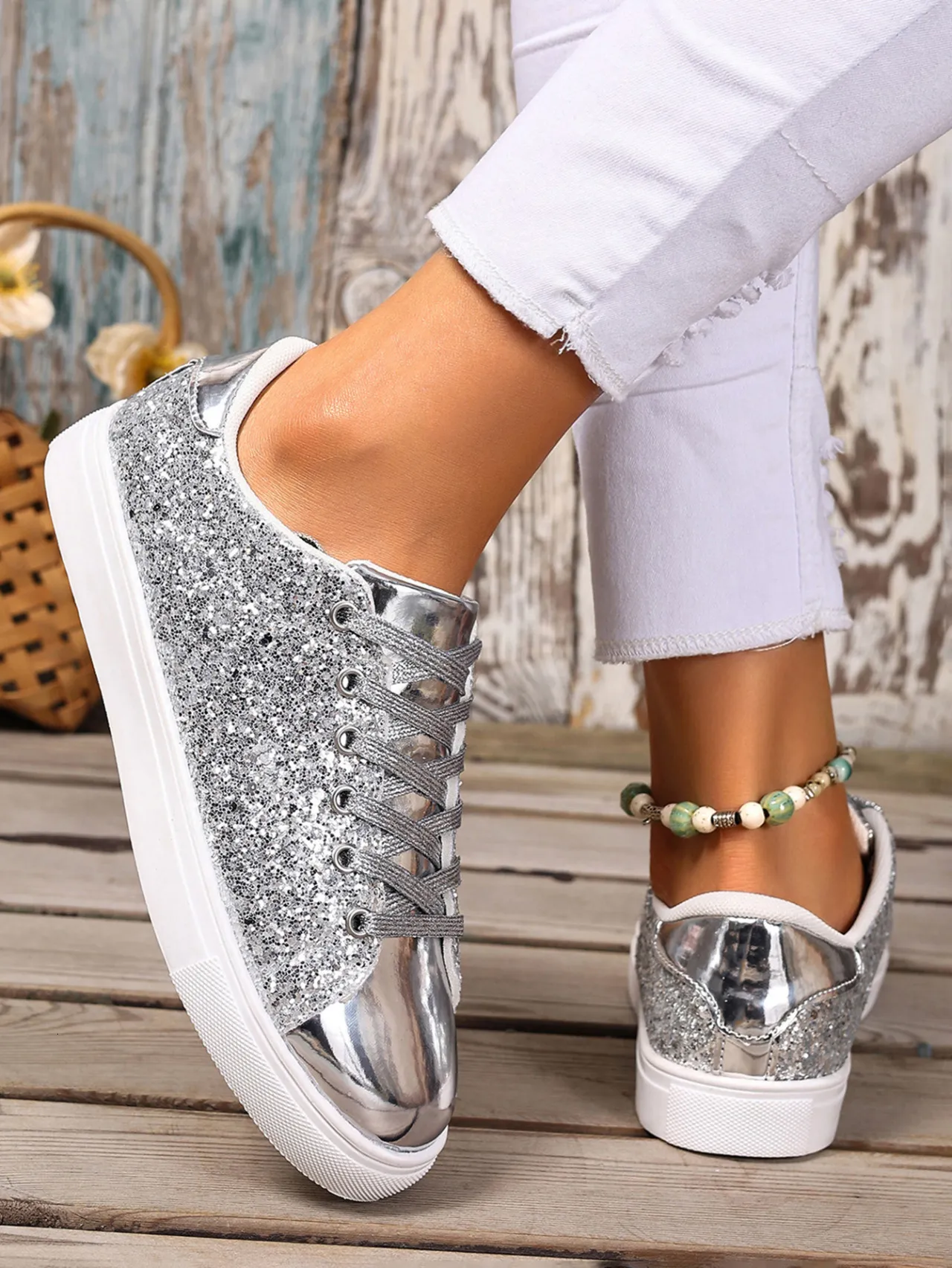 Rose Gold Glitter Women's Trainers With Metallic Toe Cap Detail_voghion.com