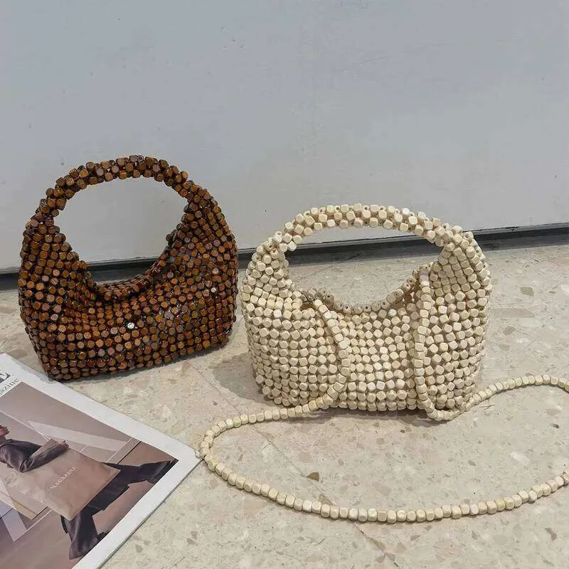 Kleine Strandtaschen für Damen, luxuriöse Designer-Handtaschen, neu, handgewebt, mit hohlen Holzperlen verziert_voghion.com