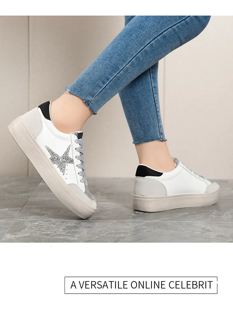 Womens Casual Leather Running Trainers With Silver Glitter Star_voghion.com
