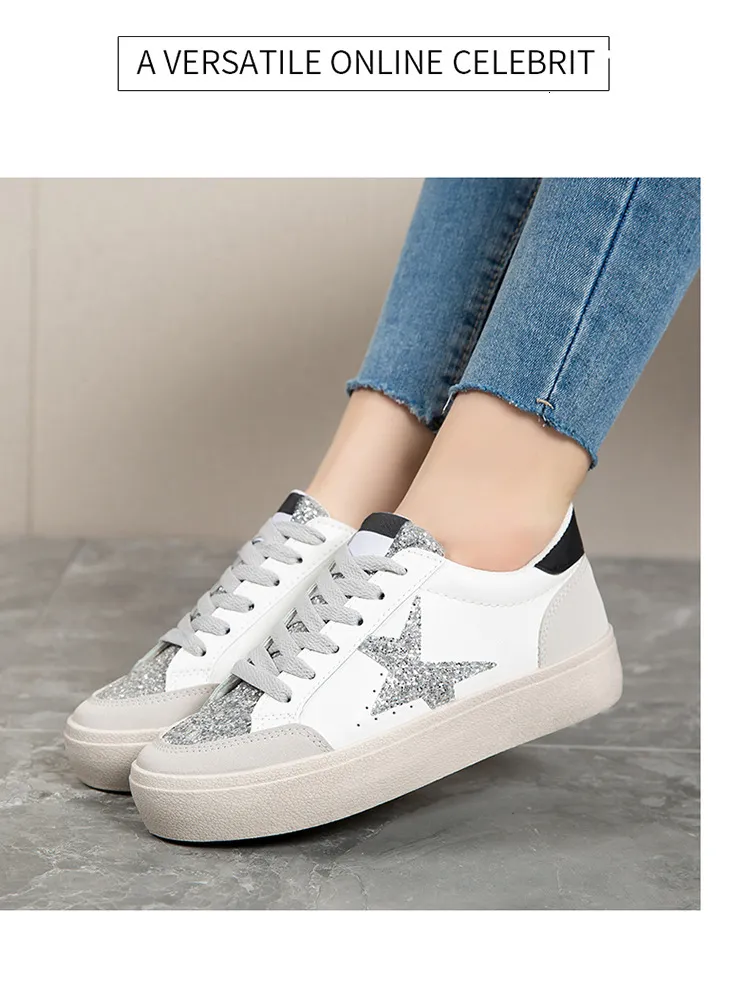 Womens Casual Leather Running Trainers With Silver Glitter Star_voghion.com