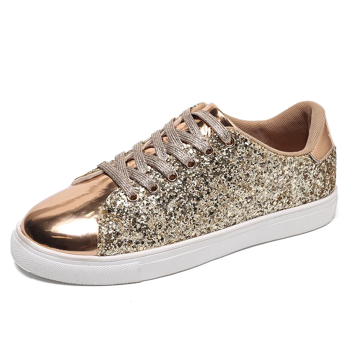 Womens Rose Gold Glitter Low Top Sneakers With Metallic Toe Cap Daily Outfit_voghion.com