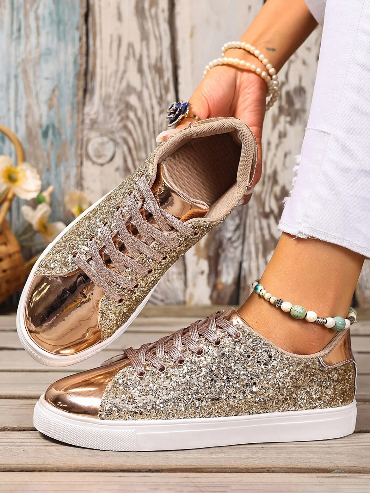 Rose Gold Glitter Women's Trainers With Metallic Toe Cap Detail_voghion.com