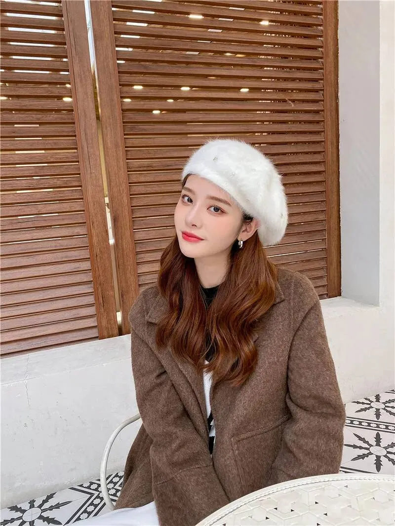 Winter Beret For Women Solid Color Rabbit Fur Plush... From  display picture 3