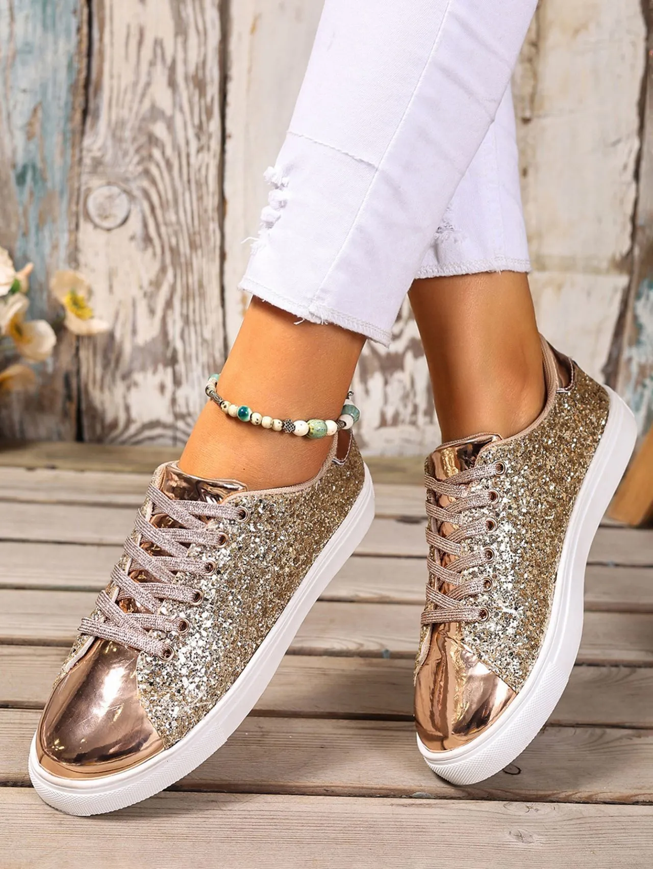 Rose Gold Glitter Women's Trainers With Metallic Toe Cap Detail_voghion.com