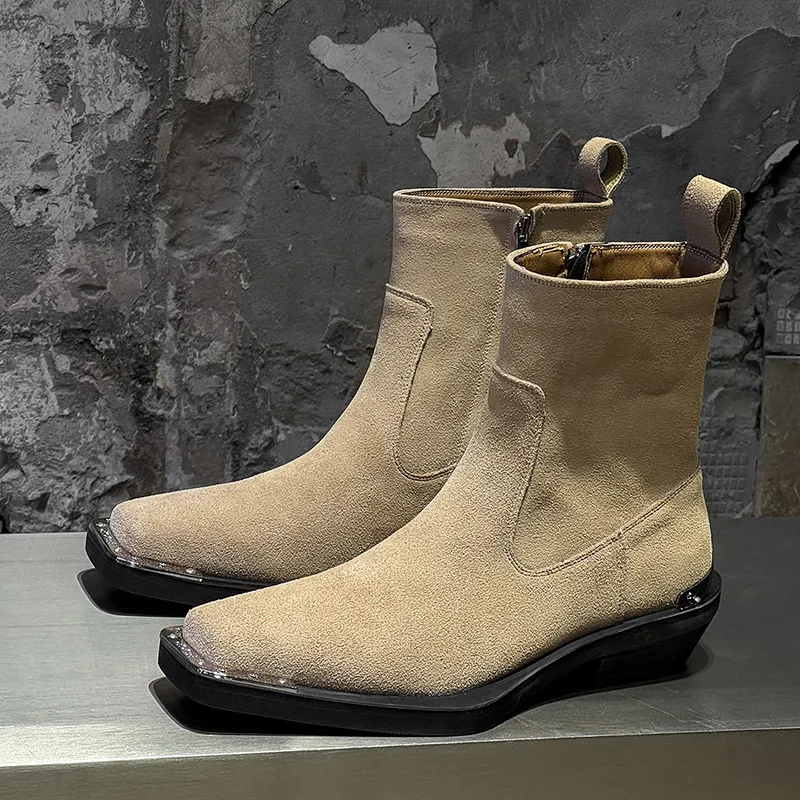Durable Men Black Leather Ankle Boots With Metal Toe Cap And Cuban Heel_voghion.com