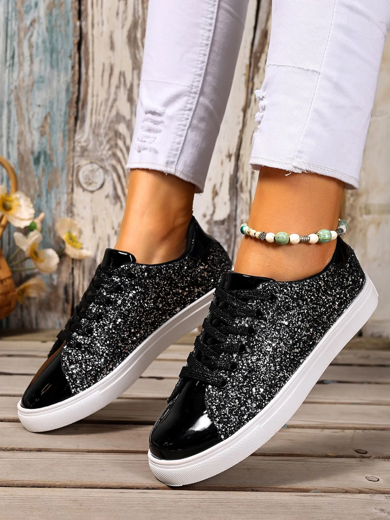 Rose Gold Glitter Women's Trainers With Metallic Toe Cap Detail_voghion.com