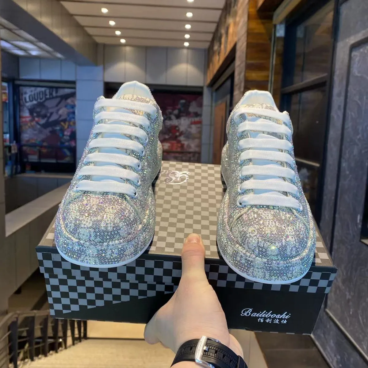 Men's Sparkling Rhinestone Platform Trainers With White Laces_voghion.com