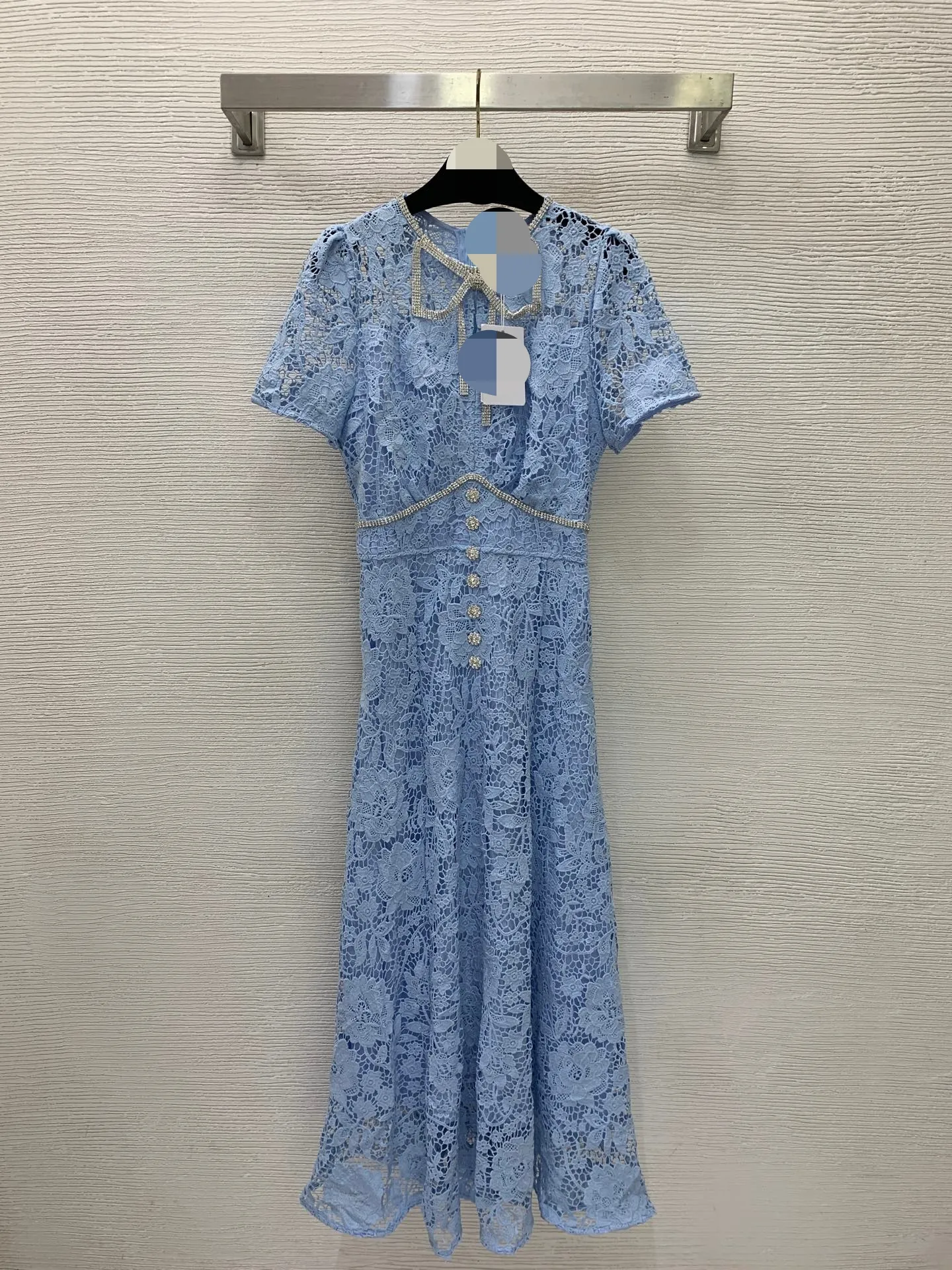 sandro embroidered mesh detail dress Maxi dress with lace details in Ciel / Blanc for Women