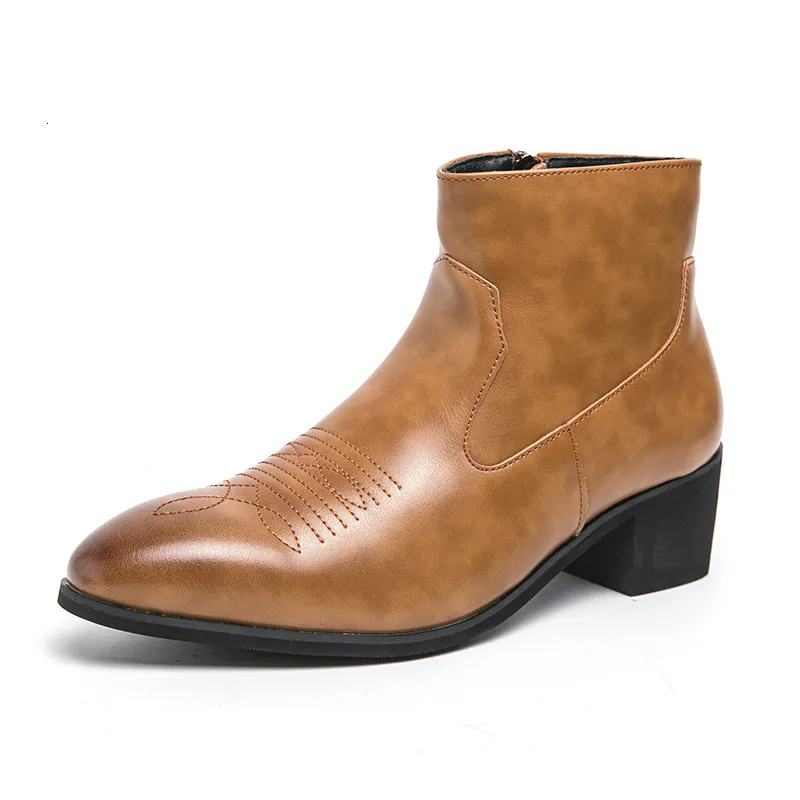 Mens Black Shock Absorbing Leather Cuban Heel Ankle Boots With Embroidery Detail_voghion.com