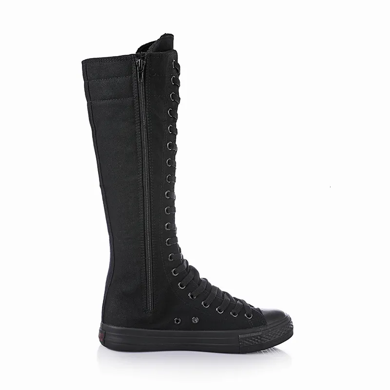 Botas femininas pretas de lona, cano alto com amortecimento, zíper lateral e cadarços._voghion.com