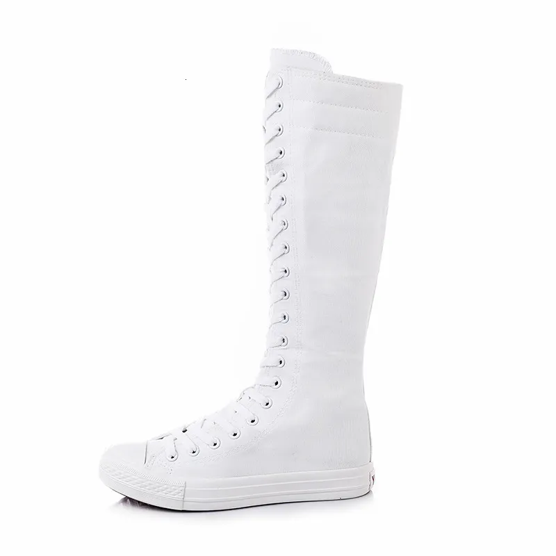 Botas femininas pretas de lona, cano alto com amortecimento, zíper lateral e cadarços._voghion.com