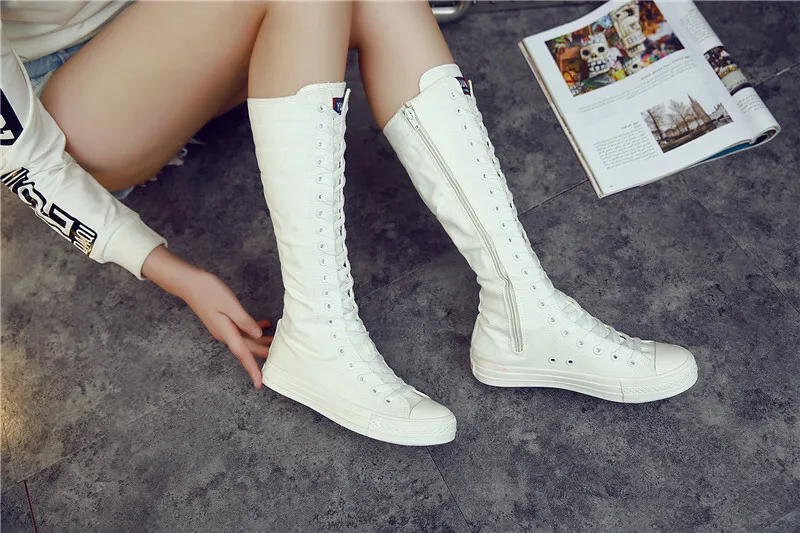 Botas altas de lona preta para mulher com absorção de choque_voghion.com