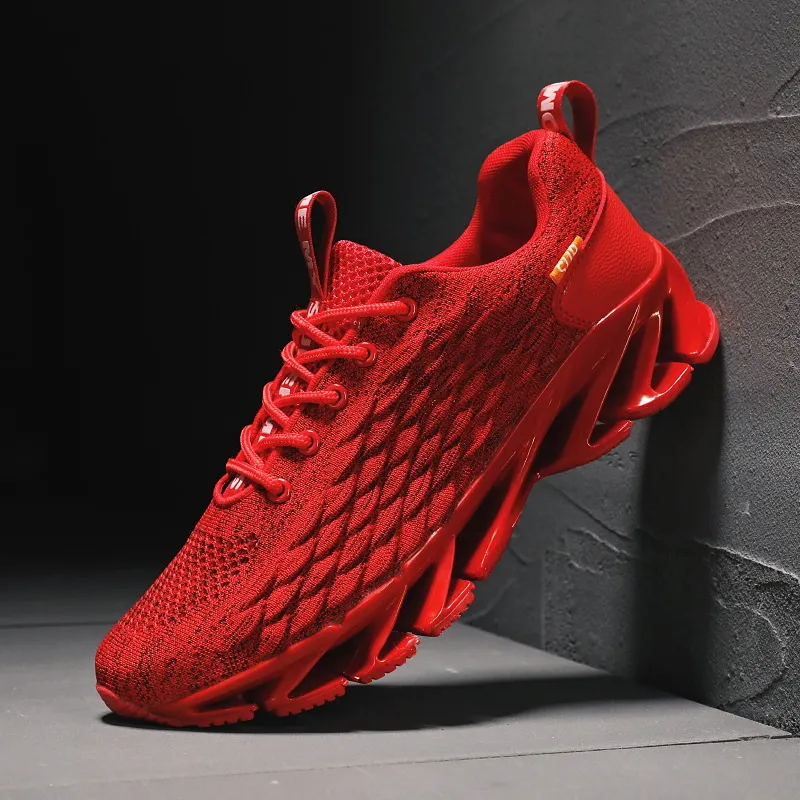 Mens All Black Blade Running Shoes Breathable Knit Upper Shock Absorbing Sole_voghion.com