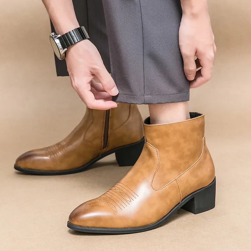 Mens Black Shock Absorbing Leather Cuban Heel Ankle Boots With Embroidery Detail_voghion.com
