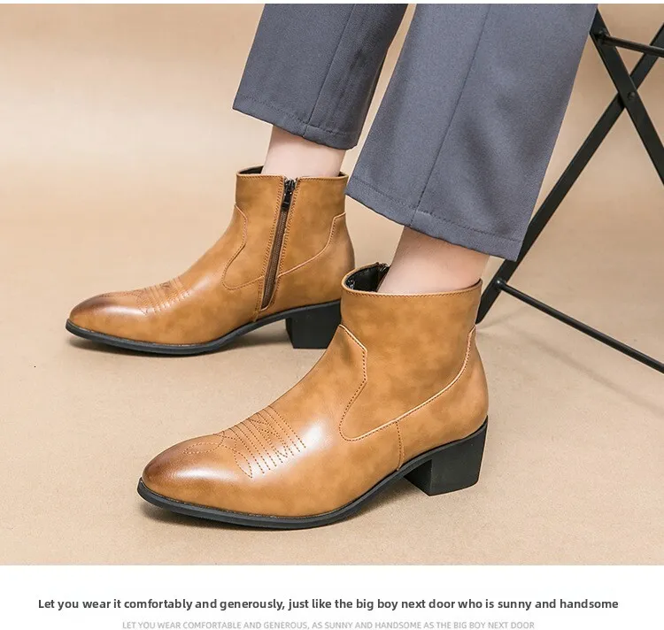 Black Leather Cuban Heel Ankle Boots With Embroidery For Men_voghion.com