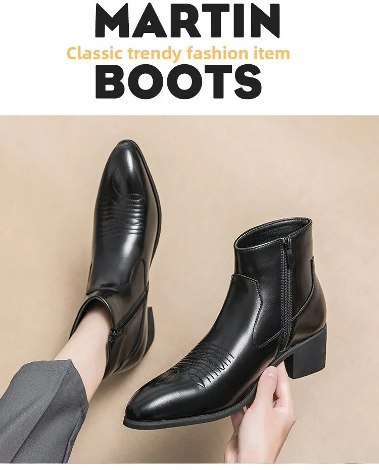Black Leather Cuban Heel Ankle Boots With Embroidery For Men_voghion.com